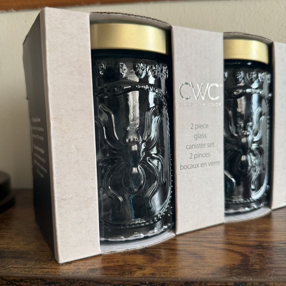 CWC Cook With Color Gray Glass 2 Piece Canister Set -Embossed Halloween Spider